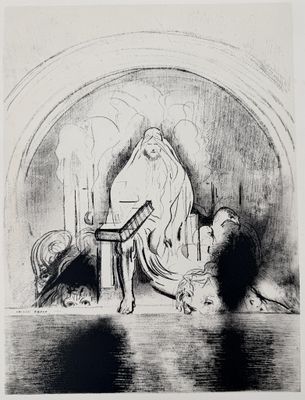 drawing of a woman sitting at a table with a dog in front of her
