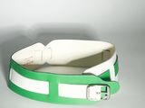 ceinture en cuir vert et blanc, dotée d'une boucle métallique sur un fond blanc
