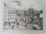 an old drawing of a street scene with people and buildings