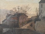 tableau représentant une vue d'une ville avec une personne marchant dans la rue