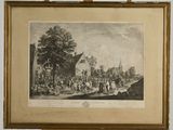 an old picture of a painting of people in a village