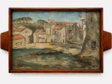 une peinture à l'huile représentant une scène de village avec une rivière et des bâtiments