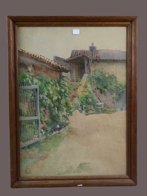 tableau encadré représentant une maison avec un portail devant