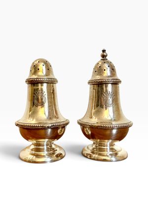 pair of antique brass salt and pepper shakers on white background