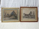 deux reproductions encadrées représentant une calèche et un homme dans une calèche