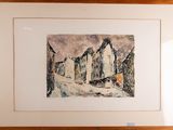 framed picture of a painting of a house in the snow