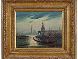 une peinture à l'huile représentant des bateaux dans un port, avec un phare en arrière-plan