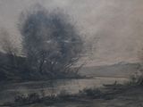 peinture d'un paysage avec une rivière et des arbres au premier plan