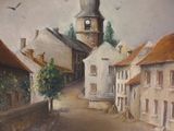 a painting of a town with a clock tower in the background