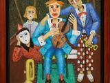 tableau représentant un groupe de clowns jouant de la musique dans une pièce