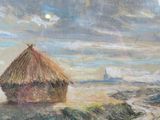 an image of a painting of a hut on a hill by the ocean