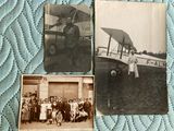 three black and white photos of a group of people standing in front of an airplane
