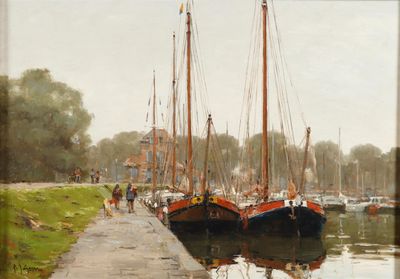 a painting of a group of sailboats docked at a dock