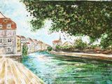 painting of a river with a bridge and a building in the background