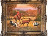 an oil painting of a man riding a horse with a herd of deer