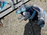 a pair of golf clubs and a pair of golf shoes on the ground