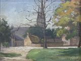une peinture à l'huile représentant le clocher d'une église dans un cadre champêtre