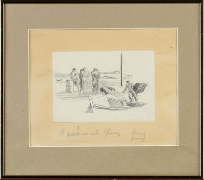 drawing of a group of people in a boat on a body of water