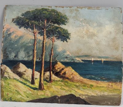 une peinture à l'huile représentant un paysage avec des arbres et un plan d'eau