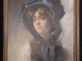 an oil painting of a woman wearing a blue hat