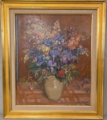 tableau représentant un vase de fleurs posé sur une table recouverte d'une nappe à carreaux