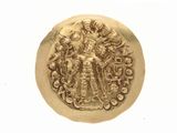 a gold coin with an image of a man and woman on it