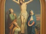 two paintings of jesus on the cross and a woman kneeling on the cross