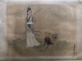 painting of a woman with a dog and sheep in a field