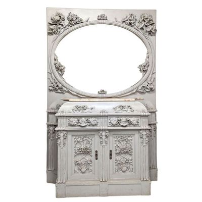 an image of a white cabinet with a mirror above it
