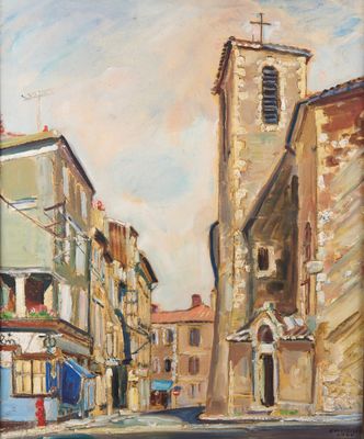 une peinture à l'huile représentant une scène de rue avec un clocher d'église en arrière-plan