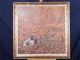 a picture of a painting of a dog in the woods