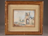 a painting of an old building with a tower in the background