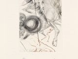 drawing of a horse with a man on a horse in the background