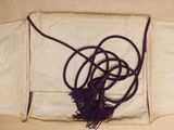 a white bag with a purple rope on it