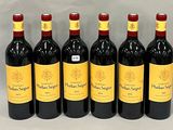 six bottles of red wine lined up in a row on a table