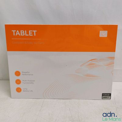 an orange and white box of a tablet on a white surface