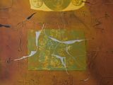 abstract painting of a yellow and green square with birds flying around it