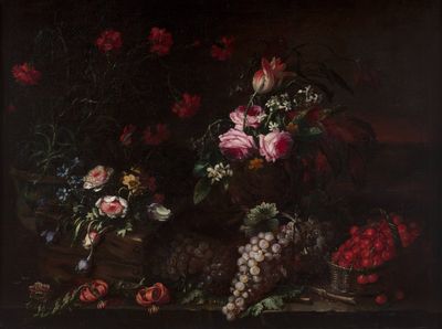 painting of a still life of flowers and fruit on a table