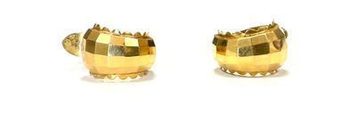 a pair of gold earrings that are on a white surface