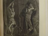 an old book with a drawing of a man and a dog on it