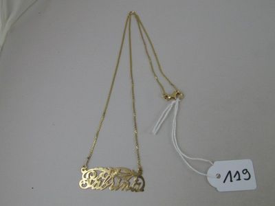 two gold necklaces with a nameplate on a gold chain