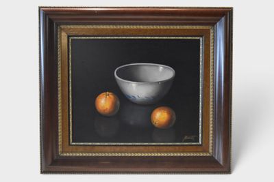 painting of a bowl and two oranges on a black background