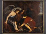 an image of a painting of a man kneeling down next to an angel