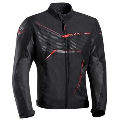 a black and red motorcycle jacket with a red stripe on the chest
