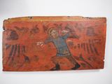 an old painting of a man holding a bird on a piece of wood