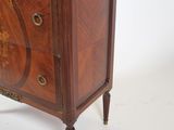 a small wooden cabinet with a mirror on top of it