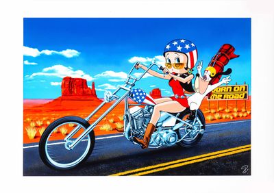 tableau représentant une femme à moto, un pistolet à la main
