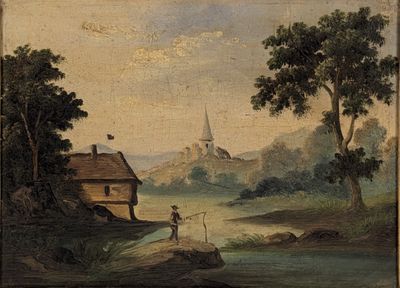 un vieux tableau représentant un homme en train de pêcher dans une rivière, avec une église en arrière-plan