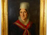 tableau représentant une femme portant un chapeau blanc et un foulard rouge