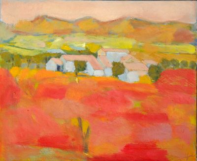 une peinture à l'huile représentant un champ avec des maisons au loin